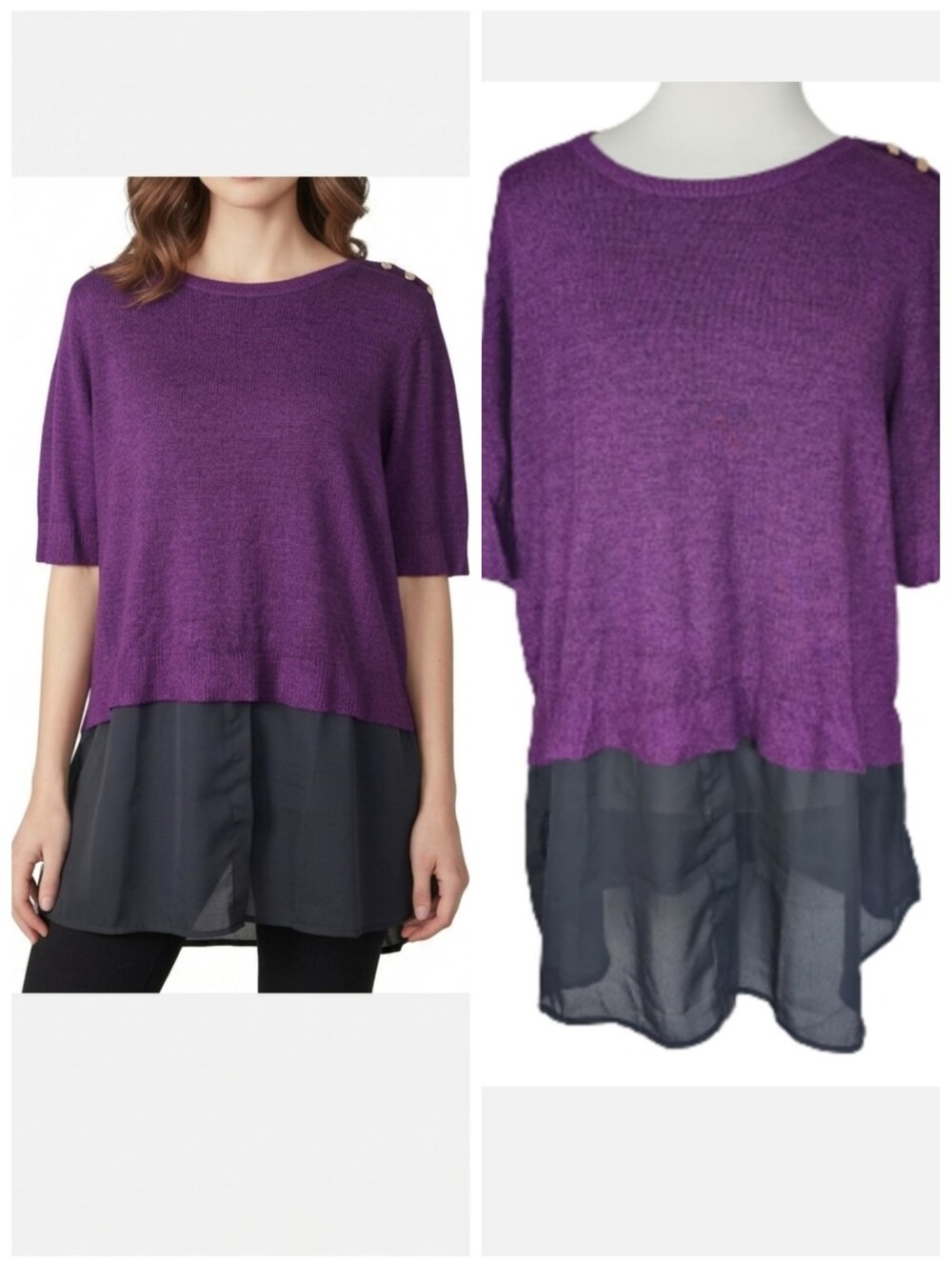 Apt. 9 purple short sleeve sweater with attached blouse Women's size XXL